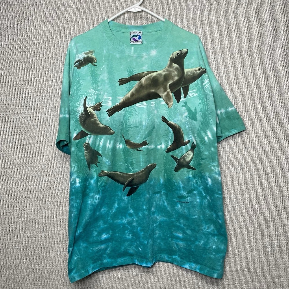 90s Vintage Liquid Blue T Shirt XL Seal Ocean AOP Tie Dye Crew Neck USA